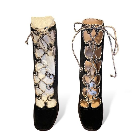 VALENTINO Black Velvet with Snake Skin Trim Lace up Ankle Booties - Picture 9 of 14